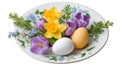 Easter eggs and spring flowers on decorative plate Royalty Free Stock Photo