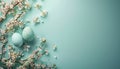 Easter eggs and spring flowers on green background. Top view, flat lay, copy space Royalty Free Stock Photo