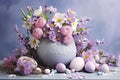 Easter eggs and spring flowers in a vase on a blue background, Happy Easter. Congratulatory easter background. Easter eggs and