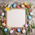 Easter eggs and spring flowers on wooden background. Top view, copy space Royalty Free Stock Photo