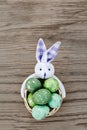 Easter Eggs In The Straw Basket On Wooden Background Royalty Free Stock Photo