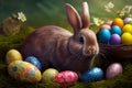 Easter eggs in straw nest with playful bunny, Ai Generative