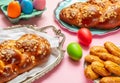 Easter eggs and tsoureki braid, greek easter sweet bread Royalty Free Stock Photo