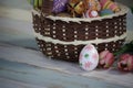 Easter eggs with tulip flowers on wooden table  colorful eggs in the basket as background  festival and holiday spring caming Royalty Free Stock Photo