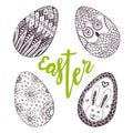 Easter eggs. Unique doodle set with lettering Easter. Holiday decoration for greeting card. Zentangle egg.