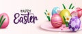 Easter eggs vector background design. Happy easter text with 3d realistic eggs in colorful and abstract pattern for holiday season Royalty Free Stock Photo