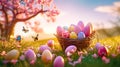 easter eggs in vicker basket on grass and flowers background Royalty Free Stock Photo