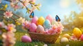 easter eggs in vicker basket on grass and flowers background Royalty Free Stock Photo