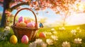 easter eggs in vicker basket on grass and flowers background Royalty Free Stock Photo