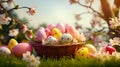 easter eggs in vicker basket on grass and flowers background Royalty Free Stock Photo