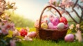 easter eggs in vicker basket on grass and flowers background Royalty Free Stock Photo