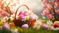 easter eggs in vicker basket on grass and flowers background Royalty Free Stock Photo