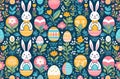Colorful Easter eggs, flowers and bunnies on dark background. Bunnies, Easter eggs,flowers wallpaper