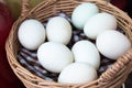 Easter eggs.White duck eggs in basket.Closed up Royalty Free Stock Photo