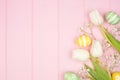 Easter eggs and white spring tulip flower side border against a pink wood background Royalty Free Stock Photo