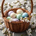 Easter Eggs in Wicker Basket with Cherry Blossoms Royalty Free Stock Photo