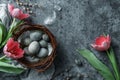 Easter eggs in wicker basket with feathers and red tulips flowers on blue background. Happy Easter holiday, top view, flat lay Royalty Free Stock Photo