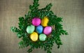 Easter eggs in the wicker basket with green branches. top view