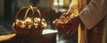 Easter eggs in a wicker basket in the hands of a priest in the interior of the church