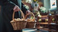 Easter eggs in wicker basket in the hands of a priest, in the solemn atmosphere of the church Royalty Free Stock Photo