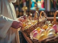Easter eggs in wicker basket in the hands of a priest, in the solemn atmosphere of the church Royalty Free Stock Photo