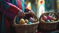 Easter eggs in wicker basket in the hands of a priest, in the solemn atmosphere of the church Royalty Free Stock Photo