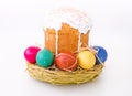 Easter eggs in the wicker basket and homemade cake . Royalty Free Stock Photo