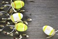 Easter eggs and willow branches on wooden desk. Easter background.