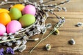 Easter eggs in willow nest, flowers over wooden rustic background