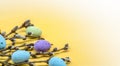 Easter eggs. Willow twigs. Yellow background Royalty Free Stock Photo