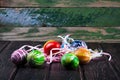 Easter eggs on wood desk. Royalty Free Stock Photo