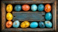 Easter eggs in a wooden box. Easter background with copy space for text Royalty Free Stock Photo