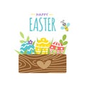 Easter eggs in wooden box. Colorful Happy Easter card. Flat, cartoon, isolated Royalty Free Stock Photo