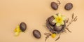 Easter eggs, wooden bunnies and bird\'s nest with chicken and narcissus flower. Festive concept