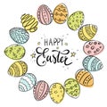 Easter Eggs Wreath. Happy Easter hand drawn decorative frame for banner, print, background, invitation and greeting Royalty Free Stock Photo