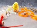 Easter eggs, yellow chicken toy, willow- the symbol of Easter Royalty Free Stock Photo