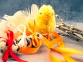 Easter eggs, yellow chicken toy, willow- the symbol of Easter Royalty Free Stock Photo