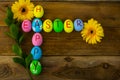 Easter eggs and yellow flowers Royalty Free Stock Photo