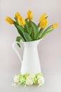 Easter eggs and yellow tullips Royalty Free Stock Photo