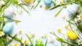 Easter Elegance: Colorful Easter Eggs, Narcissus Flowers and Grass Filigree, Clipart Forming a Delicate Frame on a White Royalty Free Stock Photo