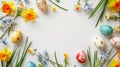 Easter Elegance: Colorful Easter Eggs, Narcissus Flowers and Grass Filigree, Clipart Forming a Delicate Frame on a White Royalty Free Stock Photo