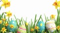 Easter Elegance: Colorful Easter Eggs, Narcissus Flowers and Grass Filigree, Clipart Forming a Delicate Frame on a White Royalty Free Stock Photo