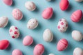 Easter Elegance: Pink and White Egg Pattern on Pastel Blue Background