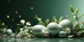 Easter elegant banner with eggs, flowers and place for text over green background