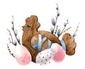 Easter elements. Easter decorative wooden chicken with Easter colored eggs. Watercolor illustration, handmade.