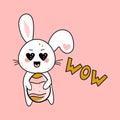 easter emotional rabbit in vector cartoon style kawaii with an egg and the inscription wow, vector illustration Royalty Free Stock Photo