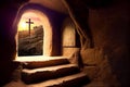 Easter. Empty tomb of Jesus with crosses At Sunrise Royalty Free Stock Photo