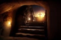 Easter. Empty tomb of Jesus with crosses At Sunrise Royalty Free Stock Photo