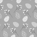 Easter endless pattern with grayscale Easter eggs and sprigs. Happy Easter. Springtime. Hello summer Royalty Free Stock Photo