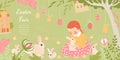 Easter fair vector banner with cute baby girl with rabbits and chicks on cityscape and spring garden background Royalty Free Stock Photo